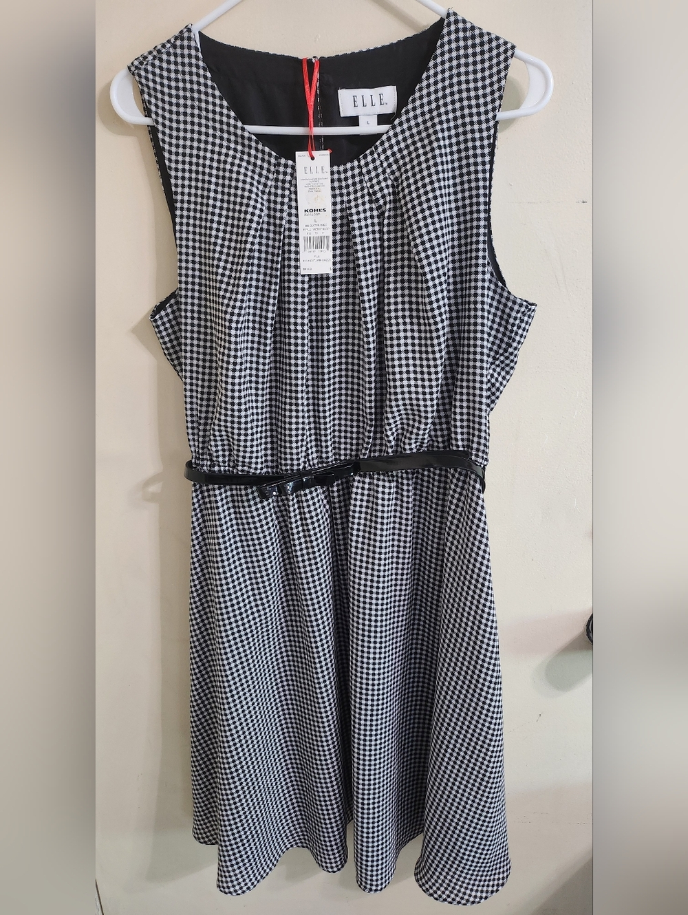 Elle Black & White Checkered Sleeveless Dress w/Belt Size: Large NWT